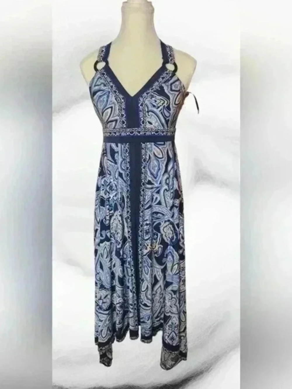 INC International Concepts Navy and Light Blue Paisley Halter Maxi Dress